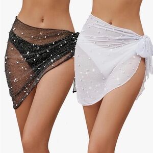 Silver and White Pearl Mesh Sarong Swim Cover Up